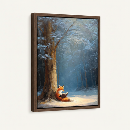 Orange fox reading under snow tree impressionist canvas in wide dark walnut float frame, 3/4 portrait angle