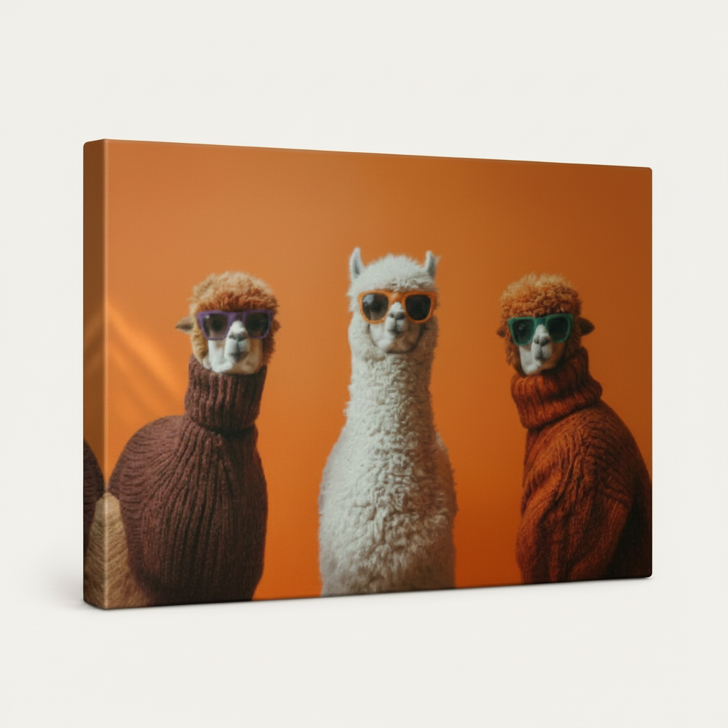 Gallery-wrapped funny alpaca canvas print angled view showing thick wrapped sides on white background