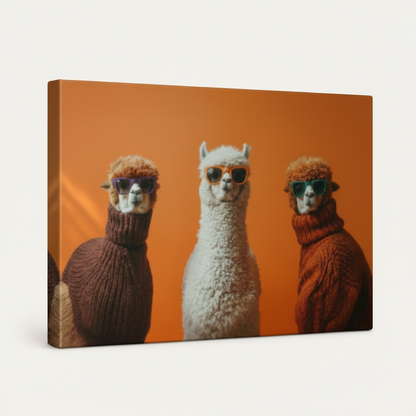 Gallery-wrapped funny alpaca canvas print angled view showing thick wrapped sides on white background