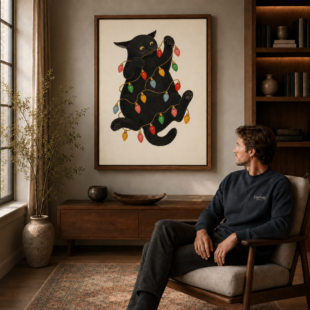 Walnut-framed black cat Christmas lights wall art above a sideboard beside a reading armchair.
