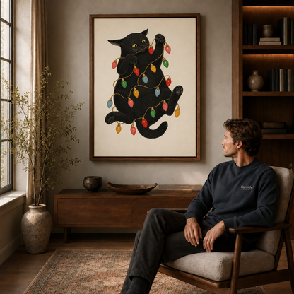 Walnut-framed black cat Christmas lights wall art above a sideboard beside a reading armchair.
