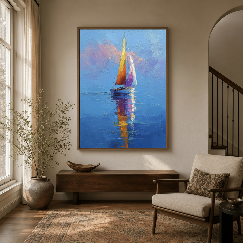 Framed sailboat nautical canvas wall art hanging in neutral entryway hallway with arched doorway