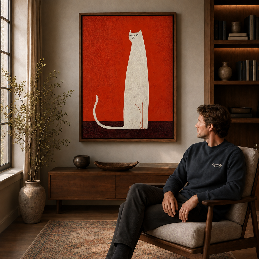 Red-orange cat wall art hangs above a wood console as a seated man relaxes beside a bright window.
