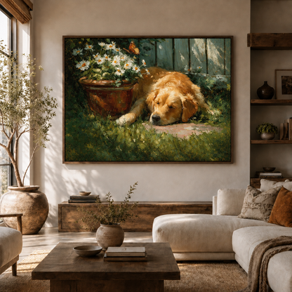Sleeping golden retriever garden wall art above a cream sofa in a cozy living room.