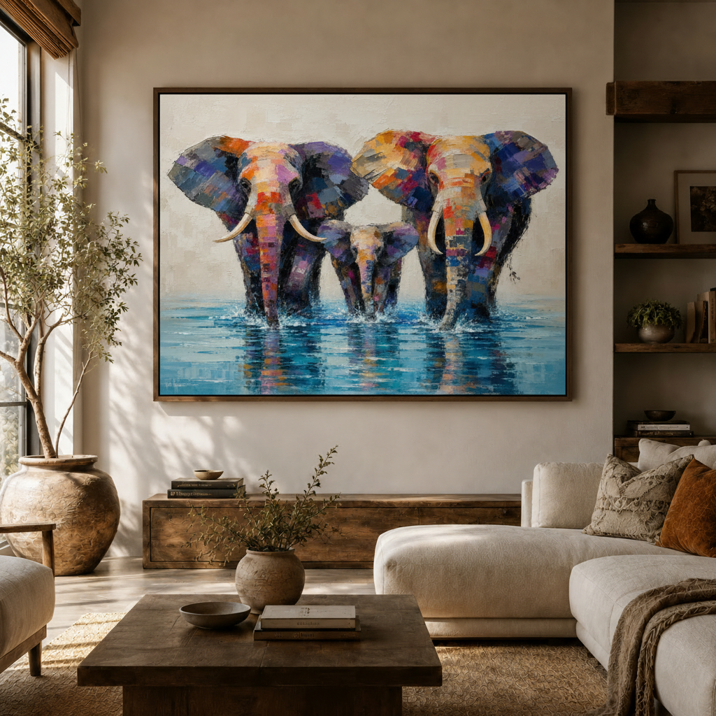 Vibrant elephant family wall art above a cream sectional sofa in a warm, earthy living room.