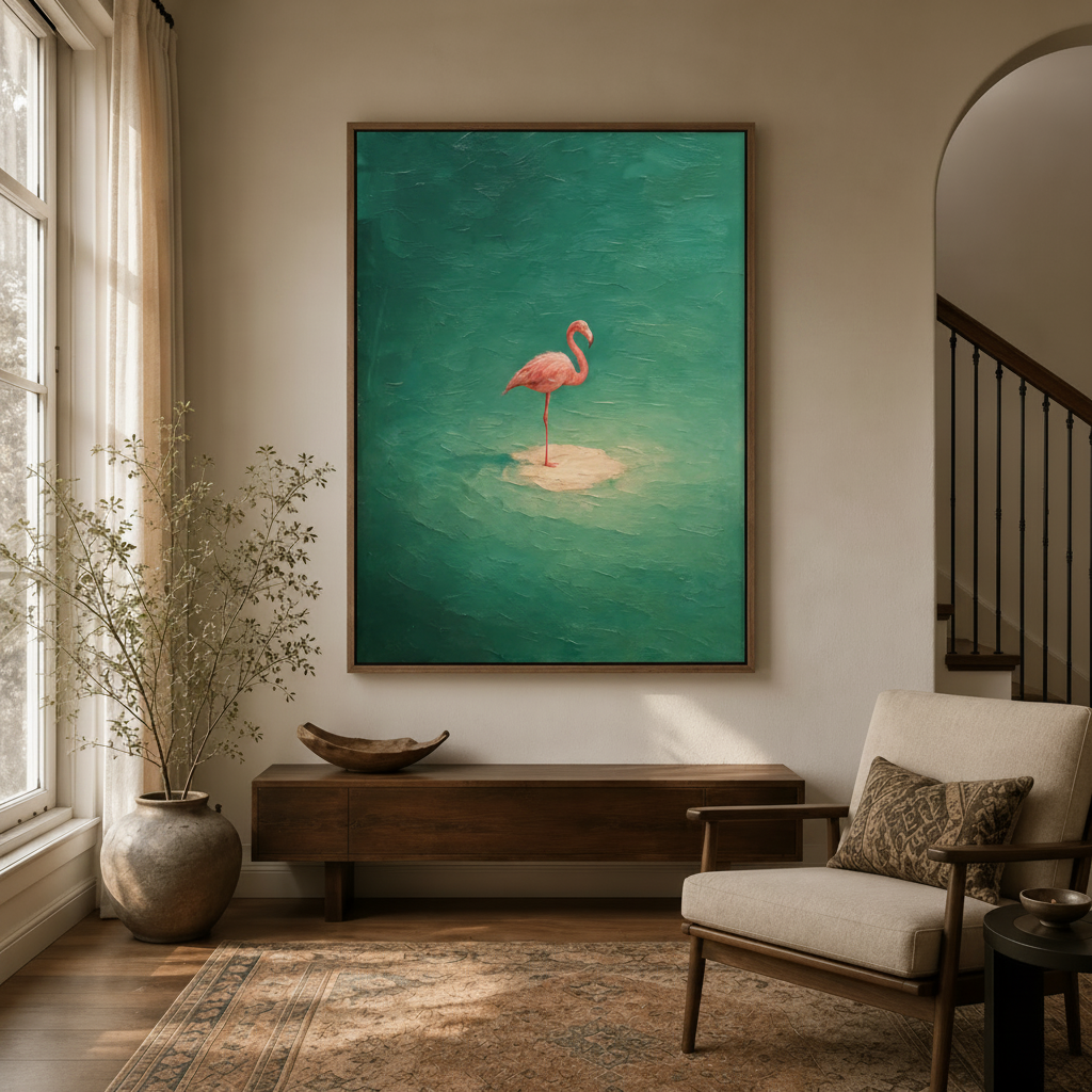 Teal flamingo canvas print in dark walnut float frame hanging in bright entryway with arched doorway