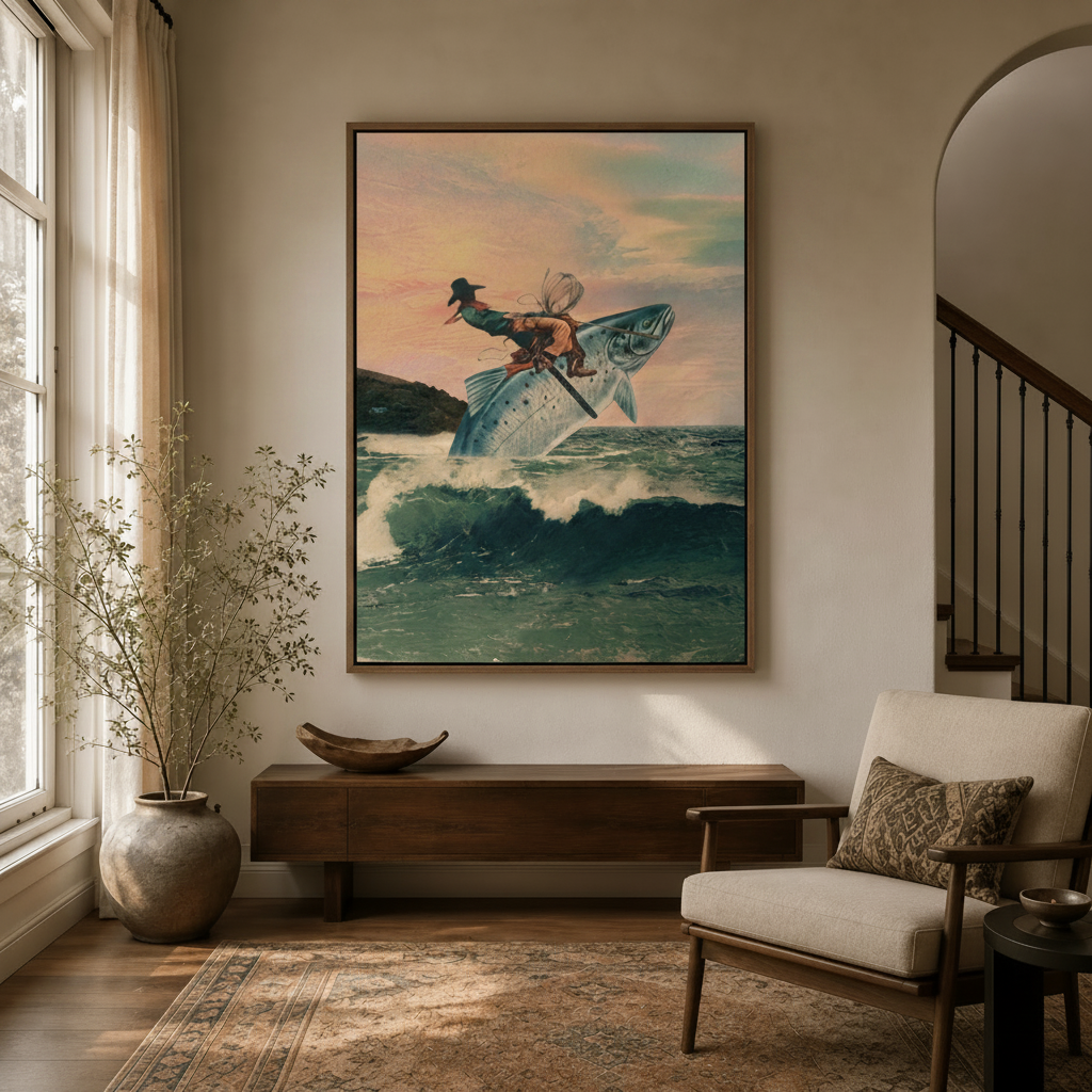 Vintage surrealist framed canvas wall art hung in warm neutral entryway with wood console and arched doorway