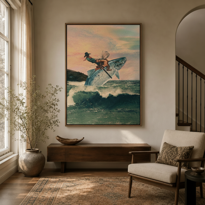 Vintage surrealist framed canvas wall art hung in warm neutral entryway with wood console and arched doorway