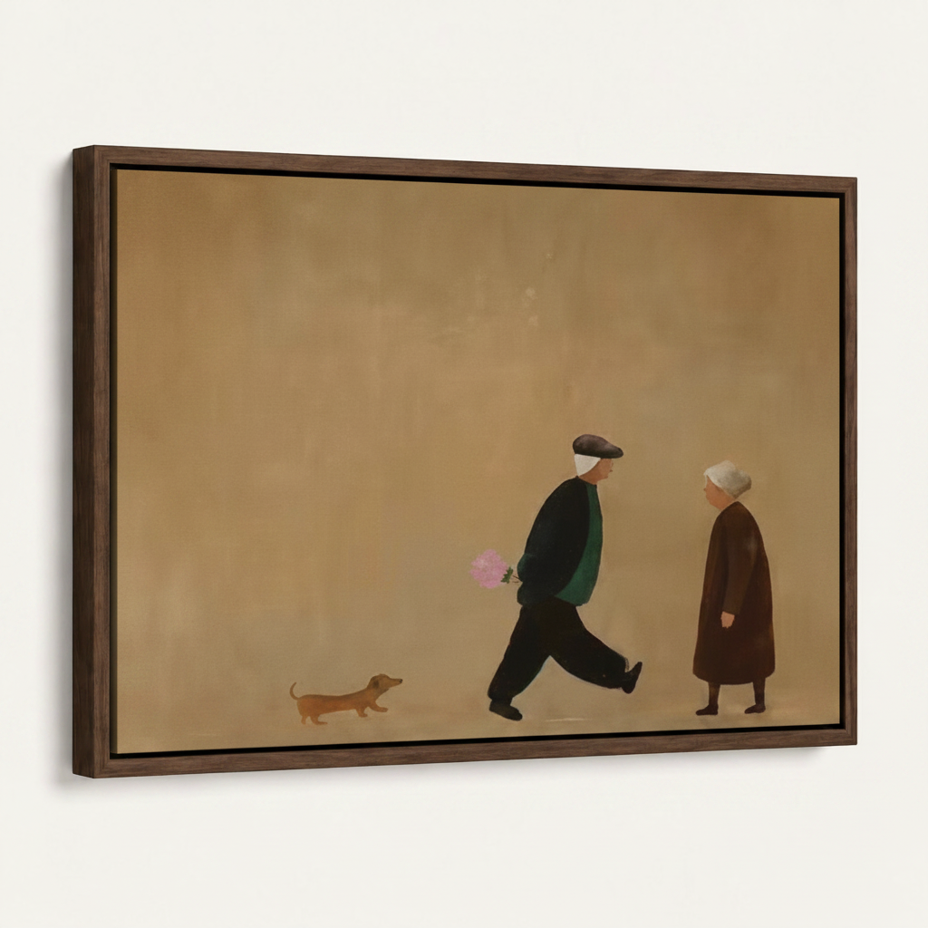 Framed couple walking dog minimalist folk art canvas print in dark walnut float frame angled view