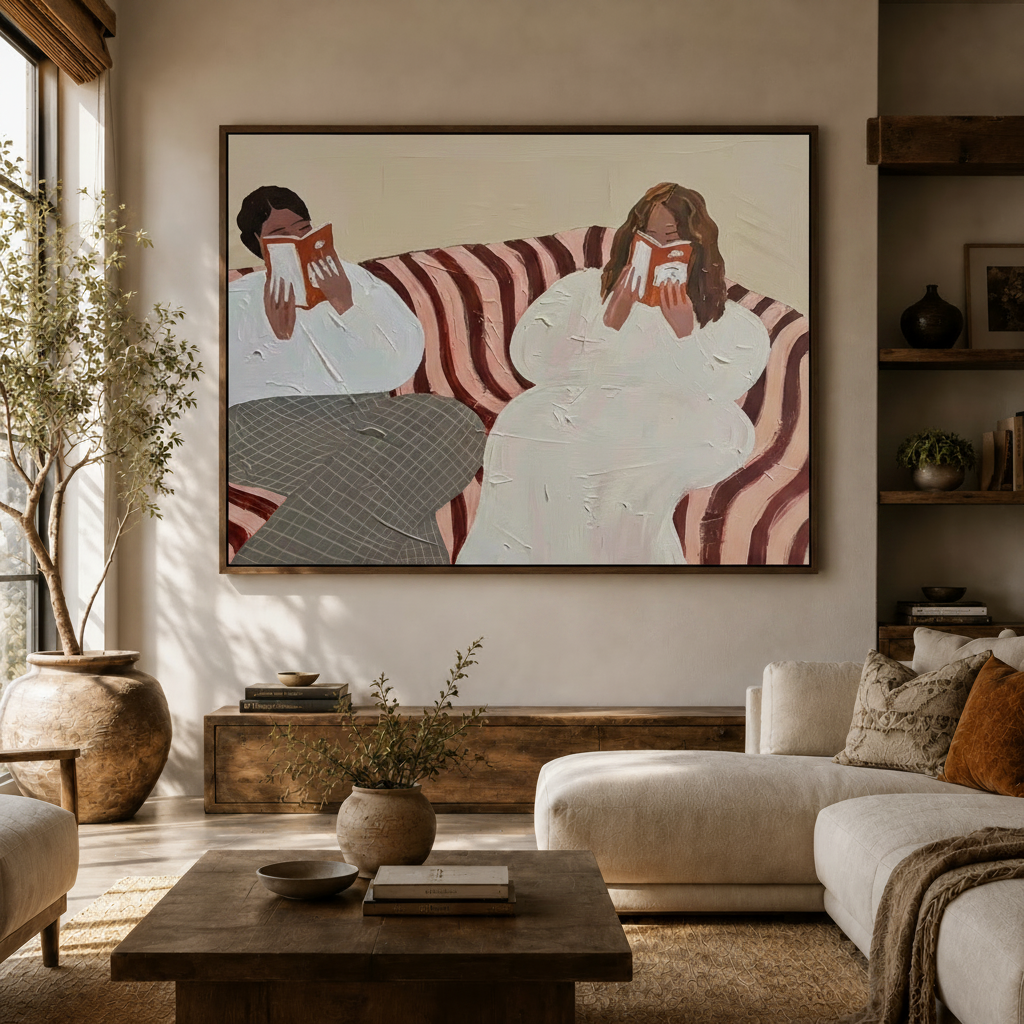 Contemporary women reading painting framed above console in bright modern living room with olive tree