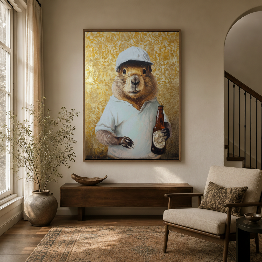 Funny capybara portrait wall art hung in neutral entryway with walnut console and linen armchair