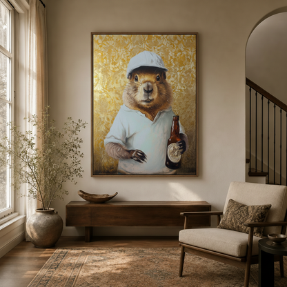 Funny capybara portrait wall art hung in neutral entryway with walnut console and linen armchair