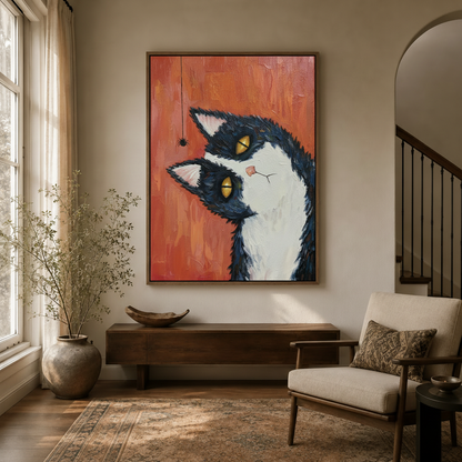 Expressive cat wall art framed canvas displayed in modern entryway with arched doorway