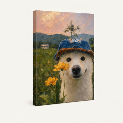 Gallery-wrapped Shiba Inu dog portrait canvas with green meadow wrap sides on off-white background