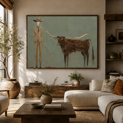 Western cowboy longhorn wall art framed canvas above sideboard in modern organic living room