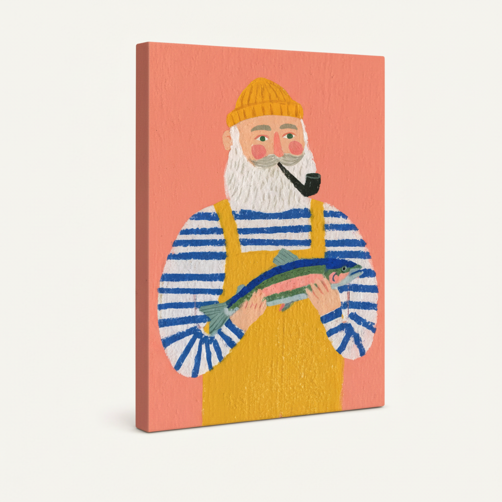 Gallery-wrapped bearded fisherman coral background folk art canvas with pink wrap sides on cream background