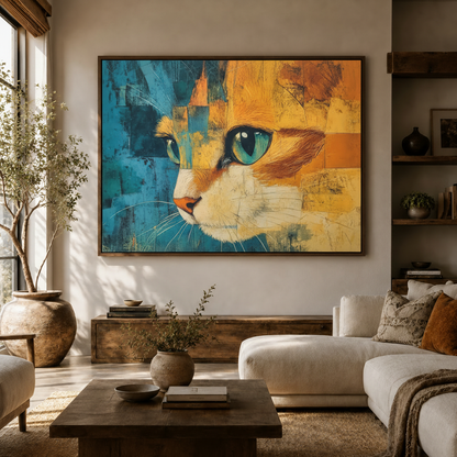 Colorful collage cat wall art with teal geometric background in a modern living room