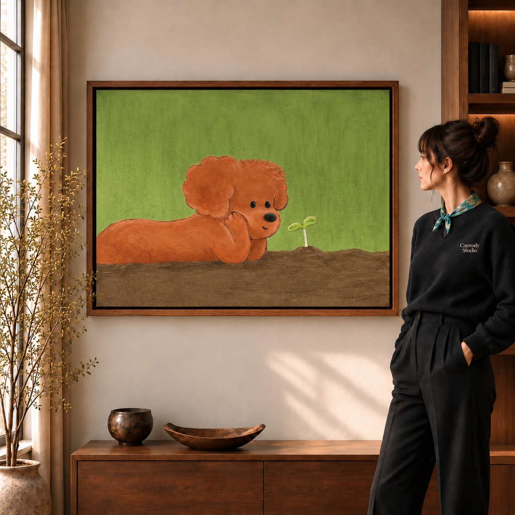 Folk art canvas of an orange dog lying beside a tiny green sprout, displayed in a bright styled room scene.