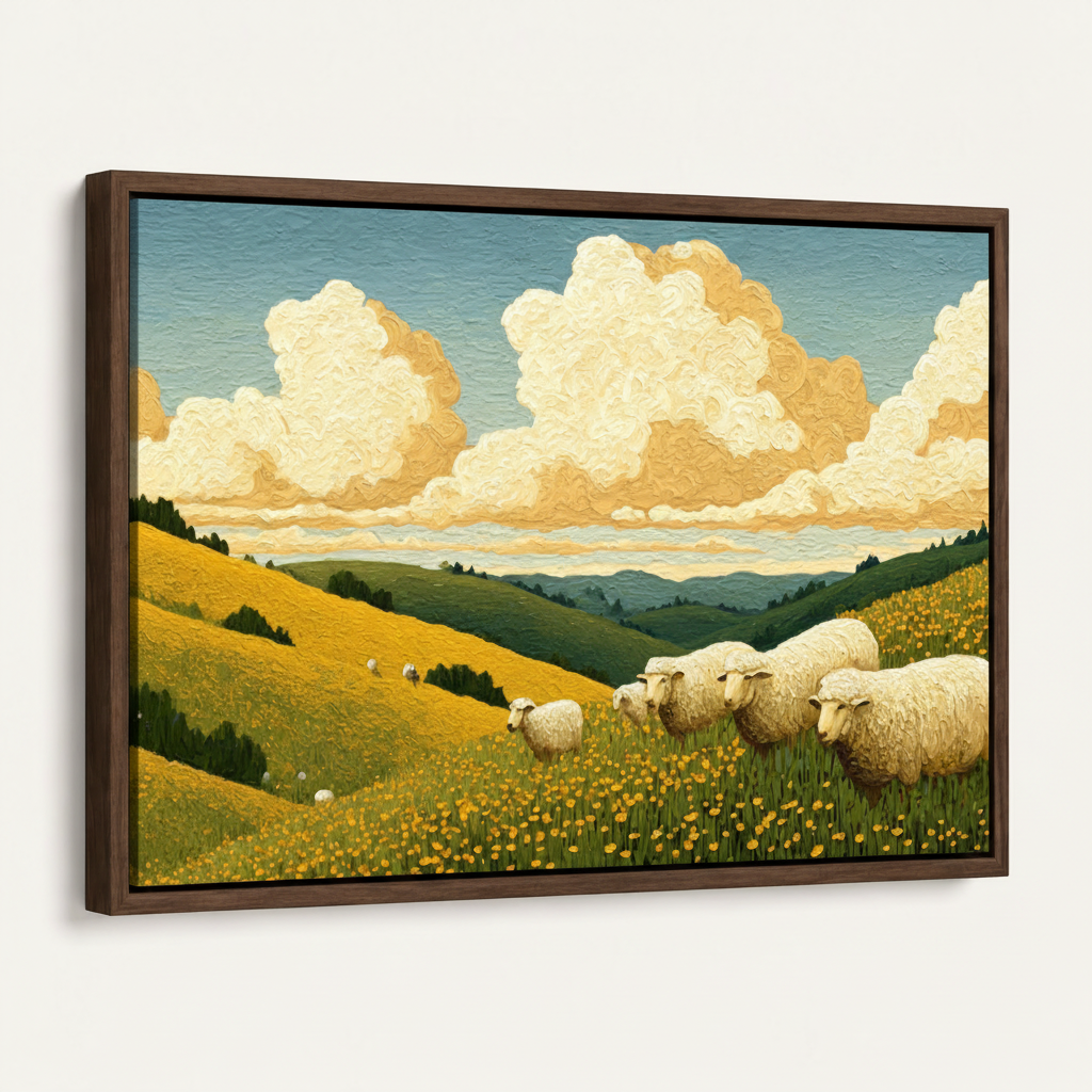 Dark walnut float frame impasto sheep golden hillside meadow canvas wall art angled left view cream background
