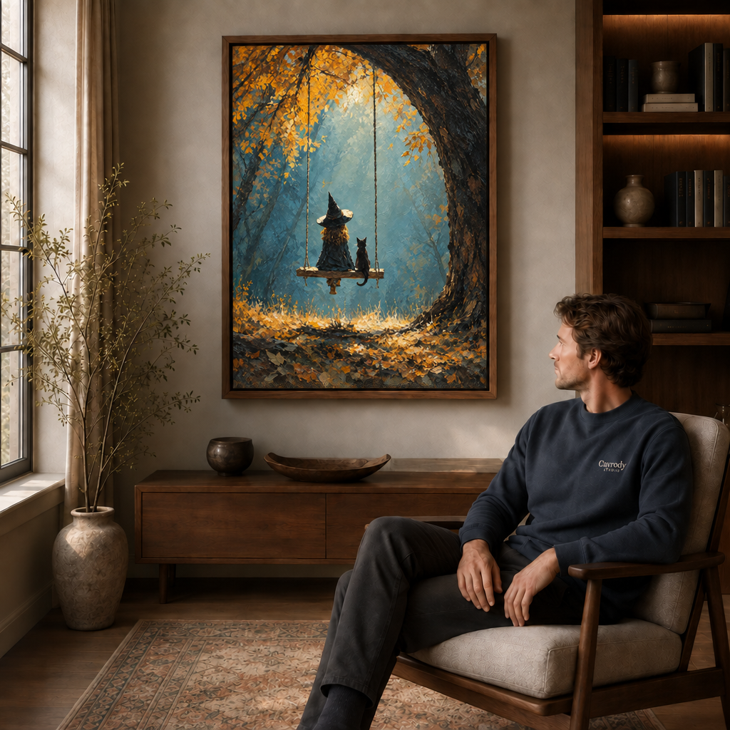 Framed witch and cat swing painting displayed above a sideboard next to a man seated in a reading chair