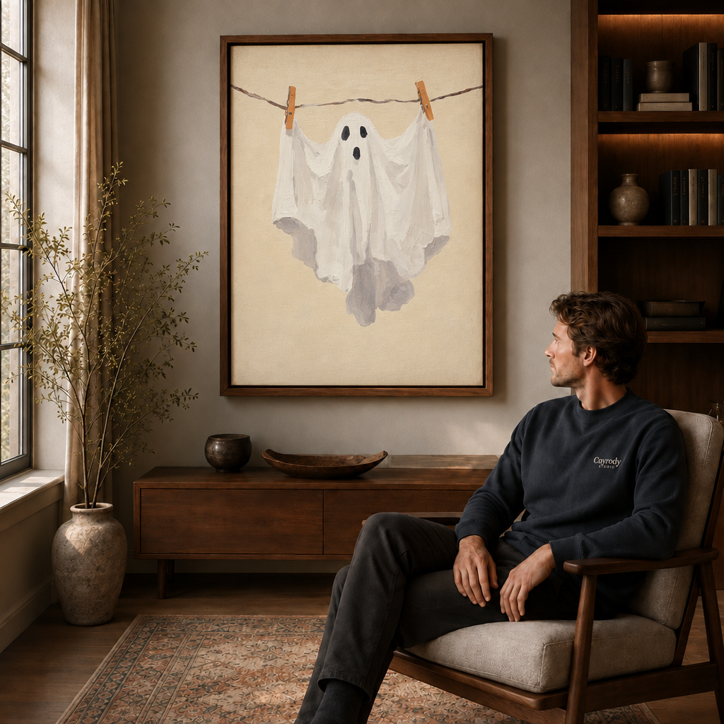 White sheet ghost clipped to a clothesline, displayed above a seated man.