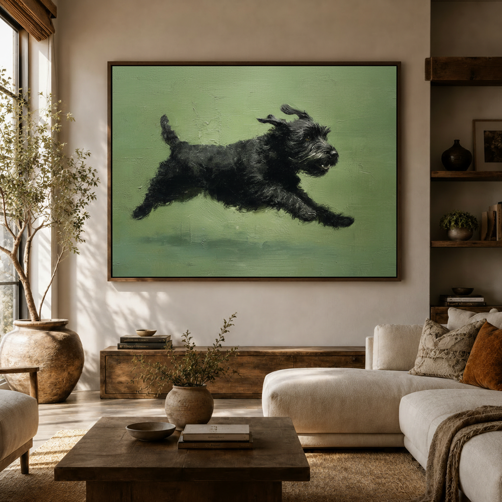 Framed black Schnauzer dog wall art hanging above a modern sofa in neutral living room