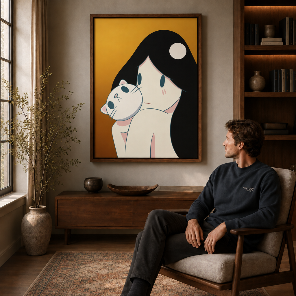 A man relaxes in an armchair beside a walnut floating-frame print of a girl holding her white cat in cozy home decor.