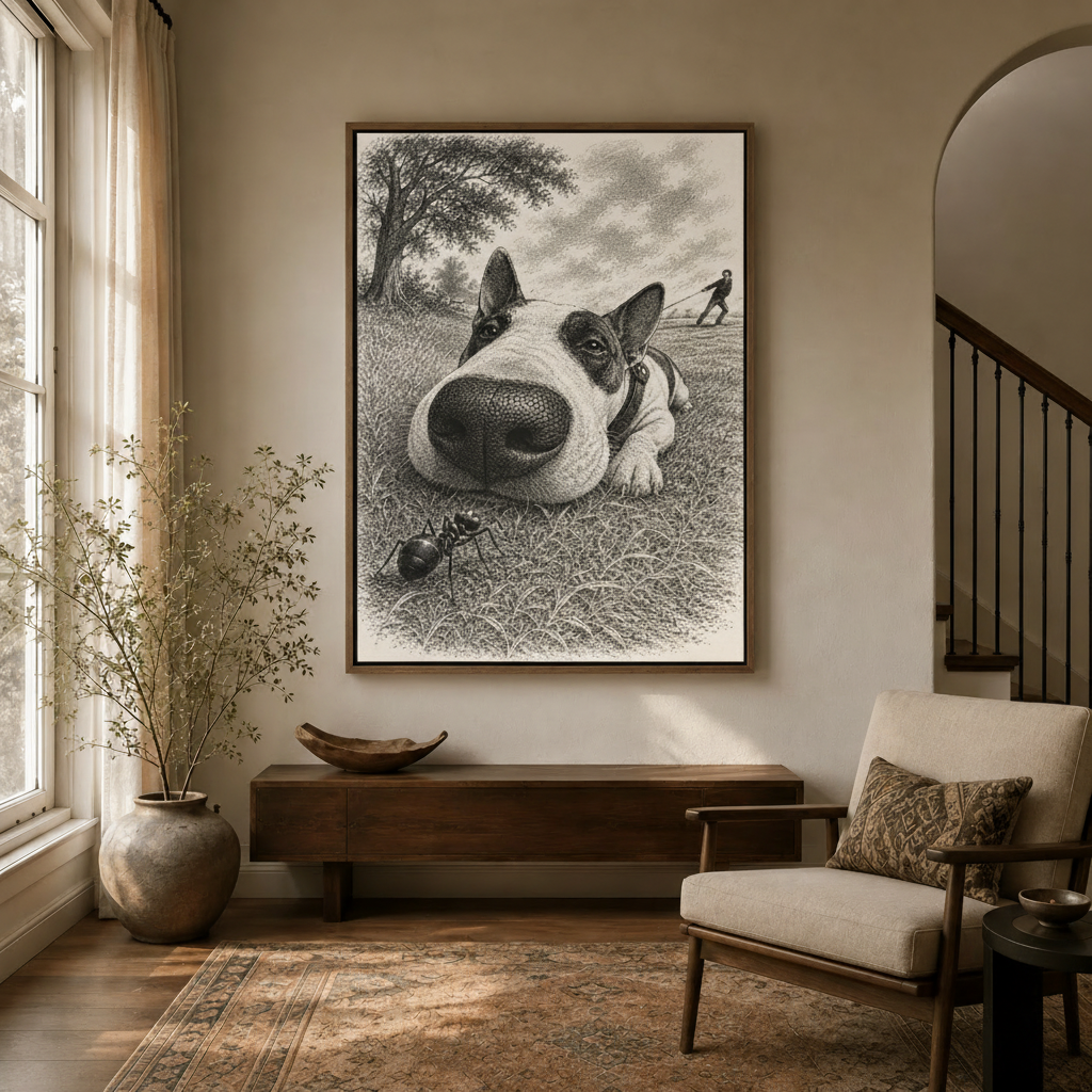 Black and white dog engraving wall art in float frame hanging in entryway with staircase