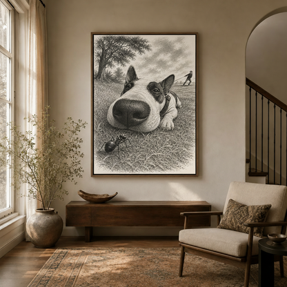 Black and white dog engraving wall art in float frame hanging in entryway with staircase