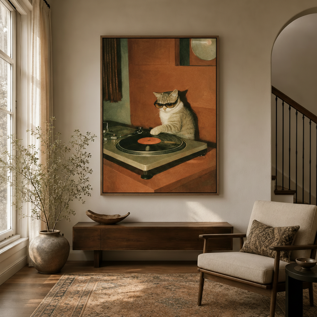 Vintage tabby cat DJ wall art in dark walnut float frame displayed in modern entryway