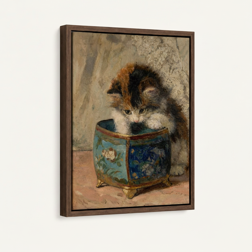 Calico kitten leaning over gilded jewelry box Victorian portrait canvas in wide dark walnut float frame, 3/4 angle