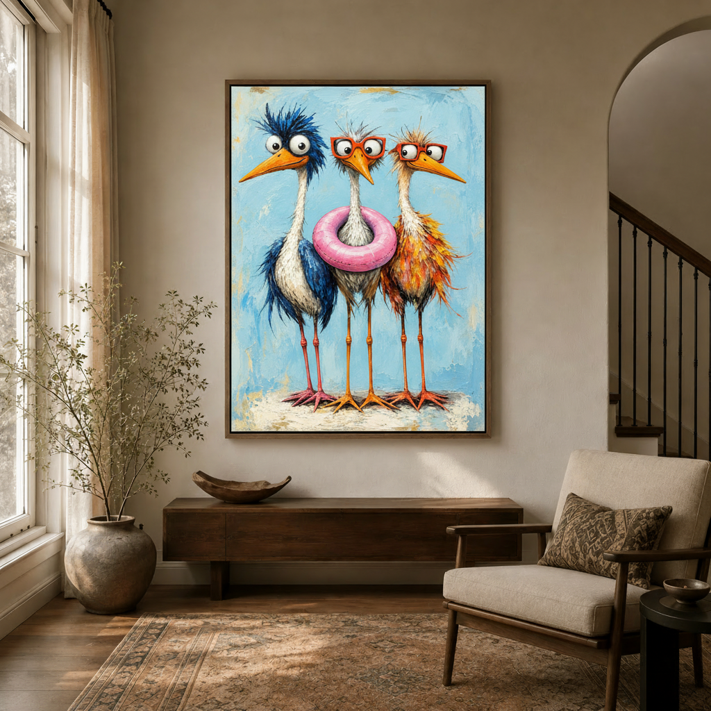 Colorful cartoon bird canvas art with glasses and pool float hung in entryway with natural light