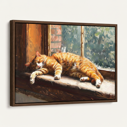 Sleeping orange tabby windowsill canvas print dark walnut float frame angled 3/4 product mockup view