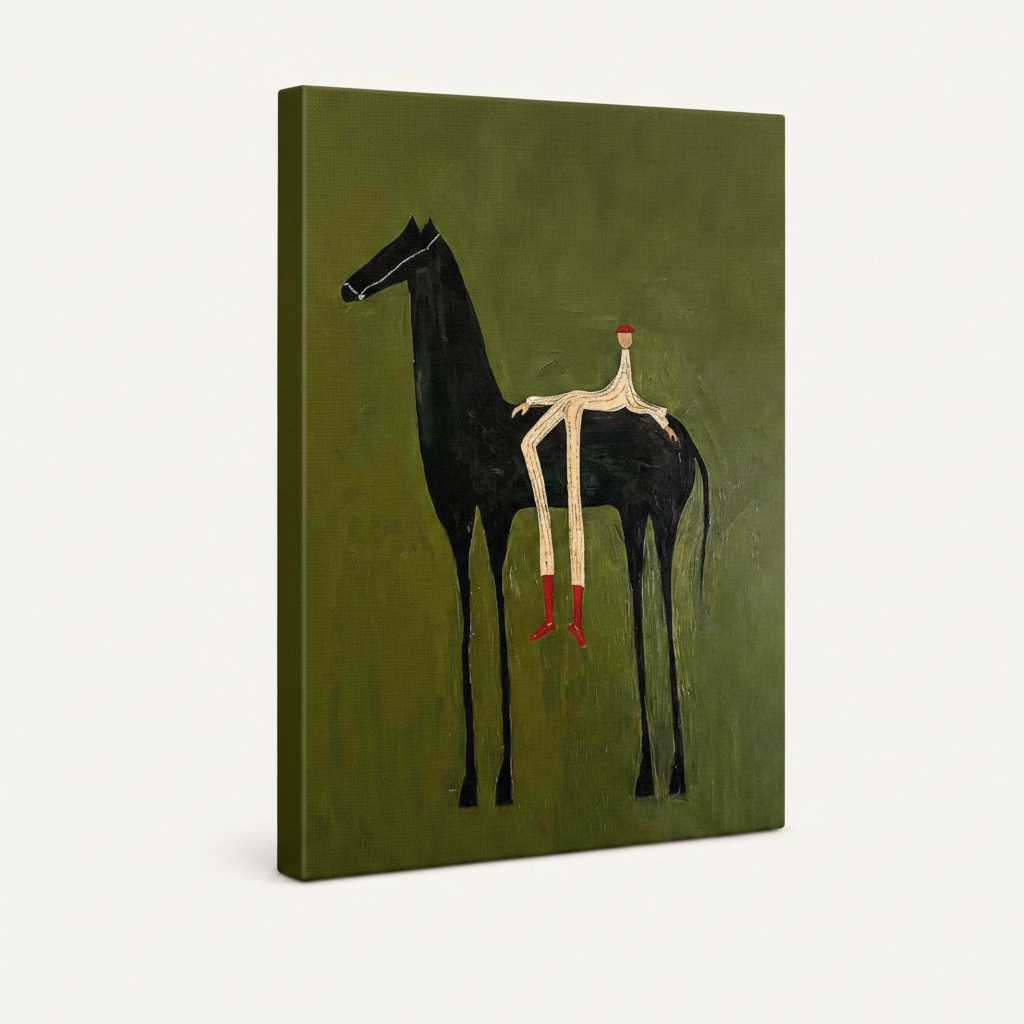 Gallery-wrapped black horse folk art canvas print angled view showing olive green wrapped sides and paint texture