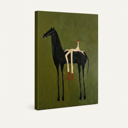 Gallery-wrapped black horse folk art canvas print angled view showing olive green wrapped sides and paint texture