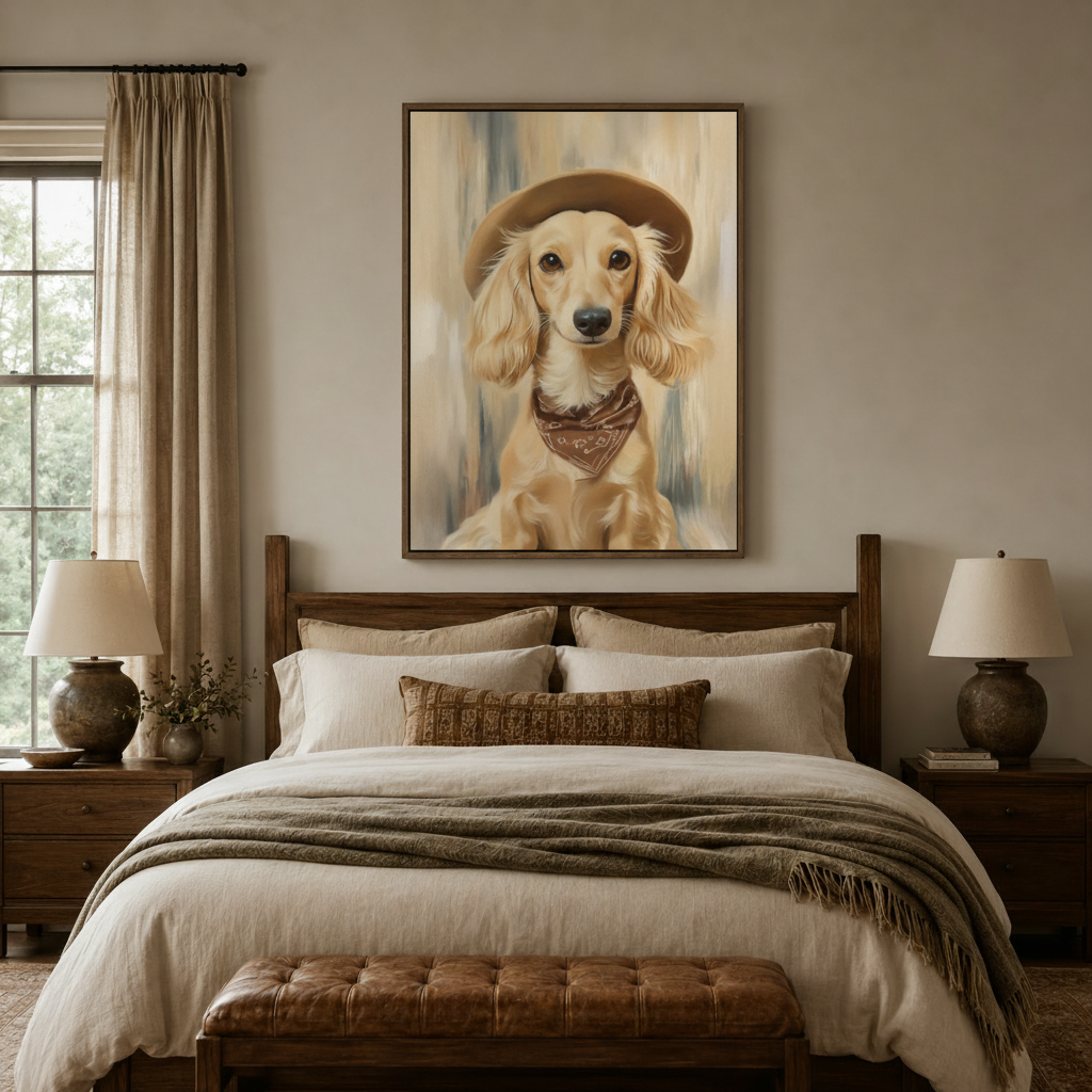 Golden long-haired dachshund cowboy hat portrait canvas framed above dark walnut headboard in warm neutral bedroom