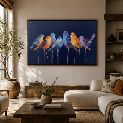 Whimsical bird canvas wall art hanging in a cozy living room beside a mid-century armchair
