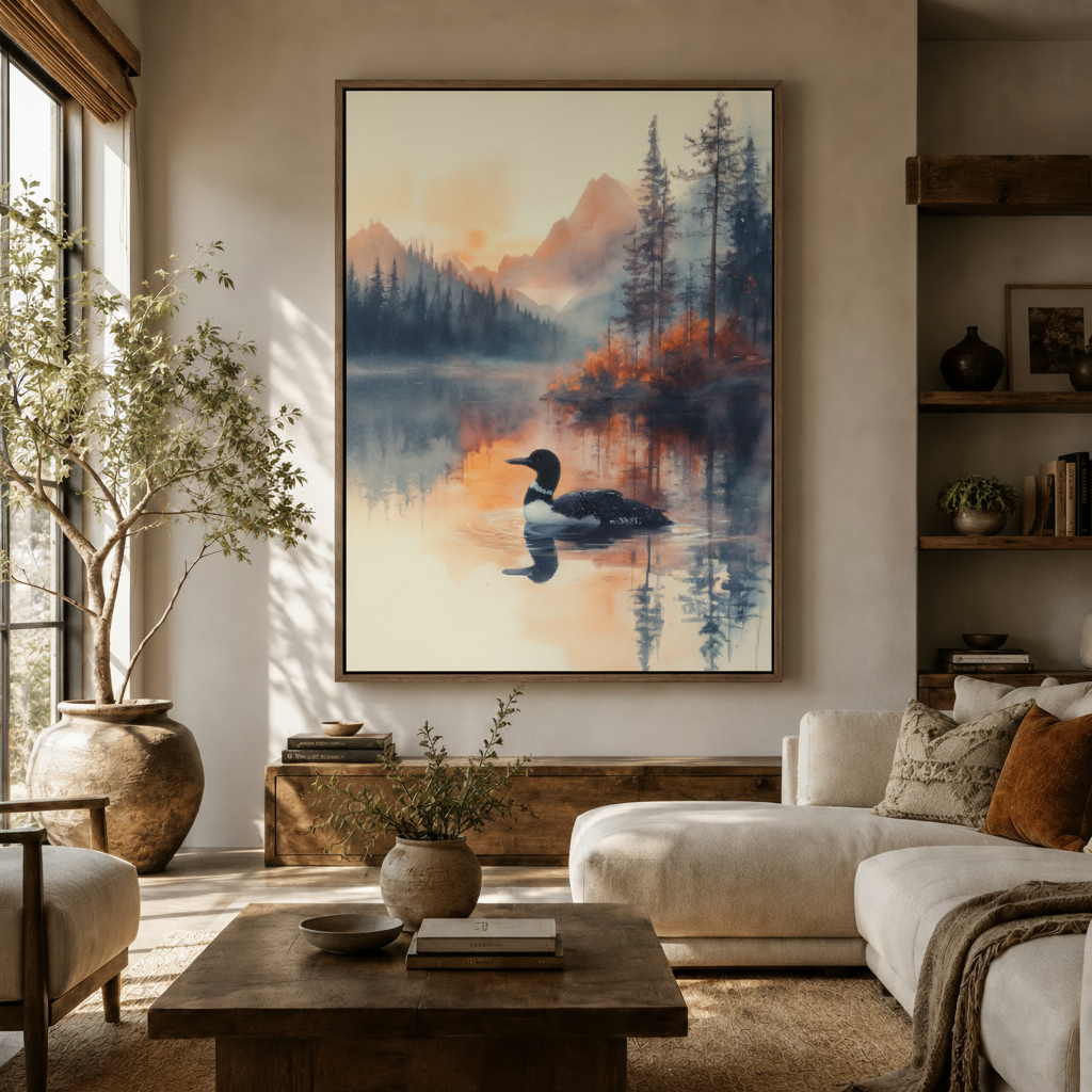 Loon watercolor mountain lake canvas print displayed above a walnut console in a warm modern living room