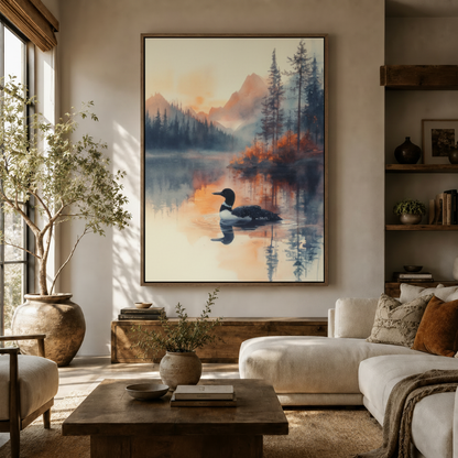 Loon watercolor mountain lake canvas print displayed above a walnut console in a warm modern living room