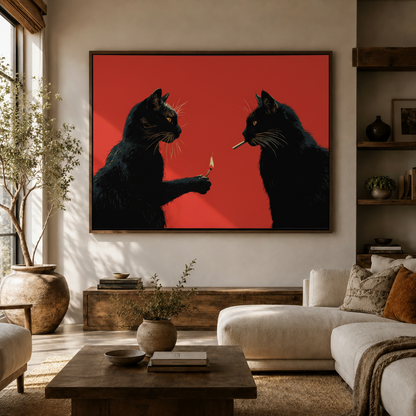 Bold red background black cat illustration canvas above console in rustic farmhouse living room