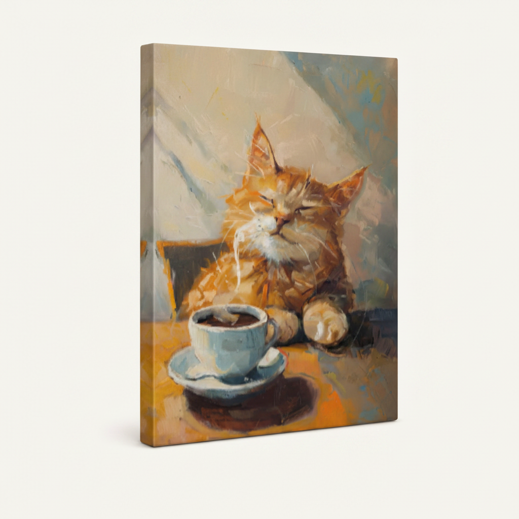 Gallery wrapped canvas print orange tabby cat with coffee cup impasto style angled product view
