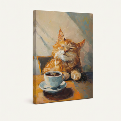 Gallery wrapped canvas print orange tabby cat with coffee cup impasto style angled product view