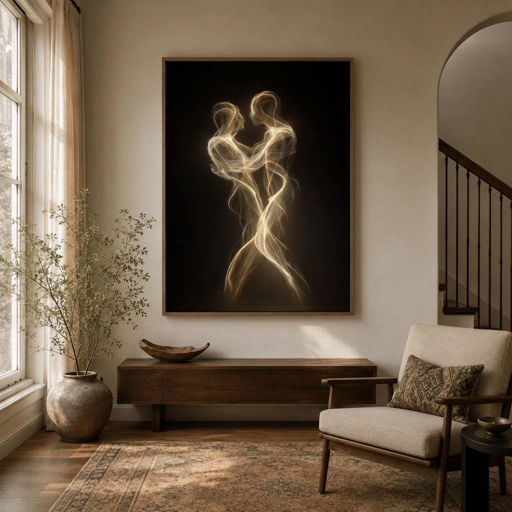 Ethereal glowing couple canvas artwork in floater frame hanging above a console in a modern entryway
