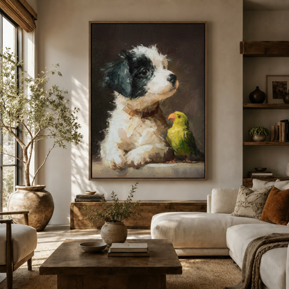 Pet portrait canvas wall art of puppy and green parrot hanging above white sofa in cozy living room