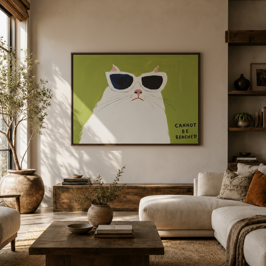 Framed white cat sunglasses minimalist canvas displayed large in bright modern living room