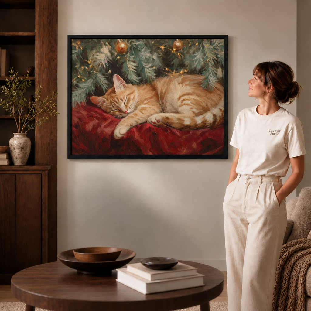 Sleeping orange cat Christmas canvas wall art in a thin black frame beside a woman in white.