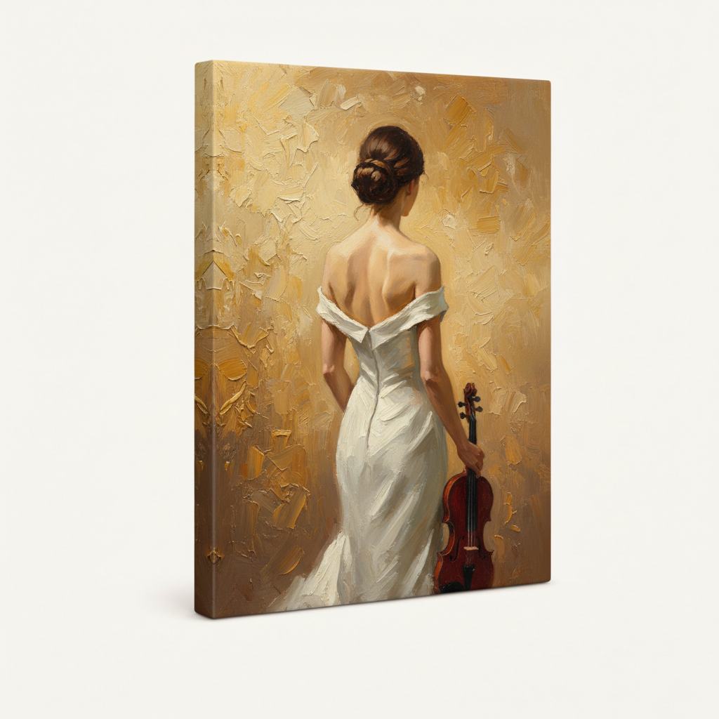 Gallery-wrapped violin woman gold butterfly canvas, 3/4 left-tilt showing dark wrap edges, cream background