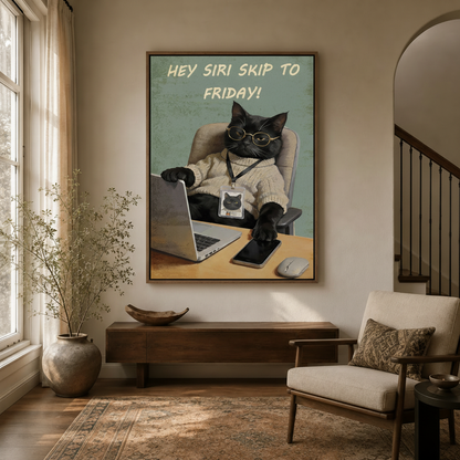 Hey Siri Skip to Friday black cat canvas print hanging in entryway hallway, floating frame