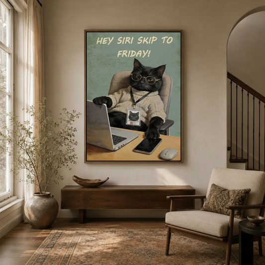 Hey Siri Skip to Friday black cat canvas print hanging in entryway hallway, floating frame