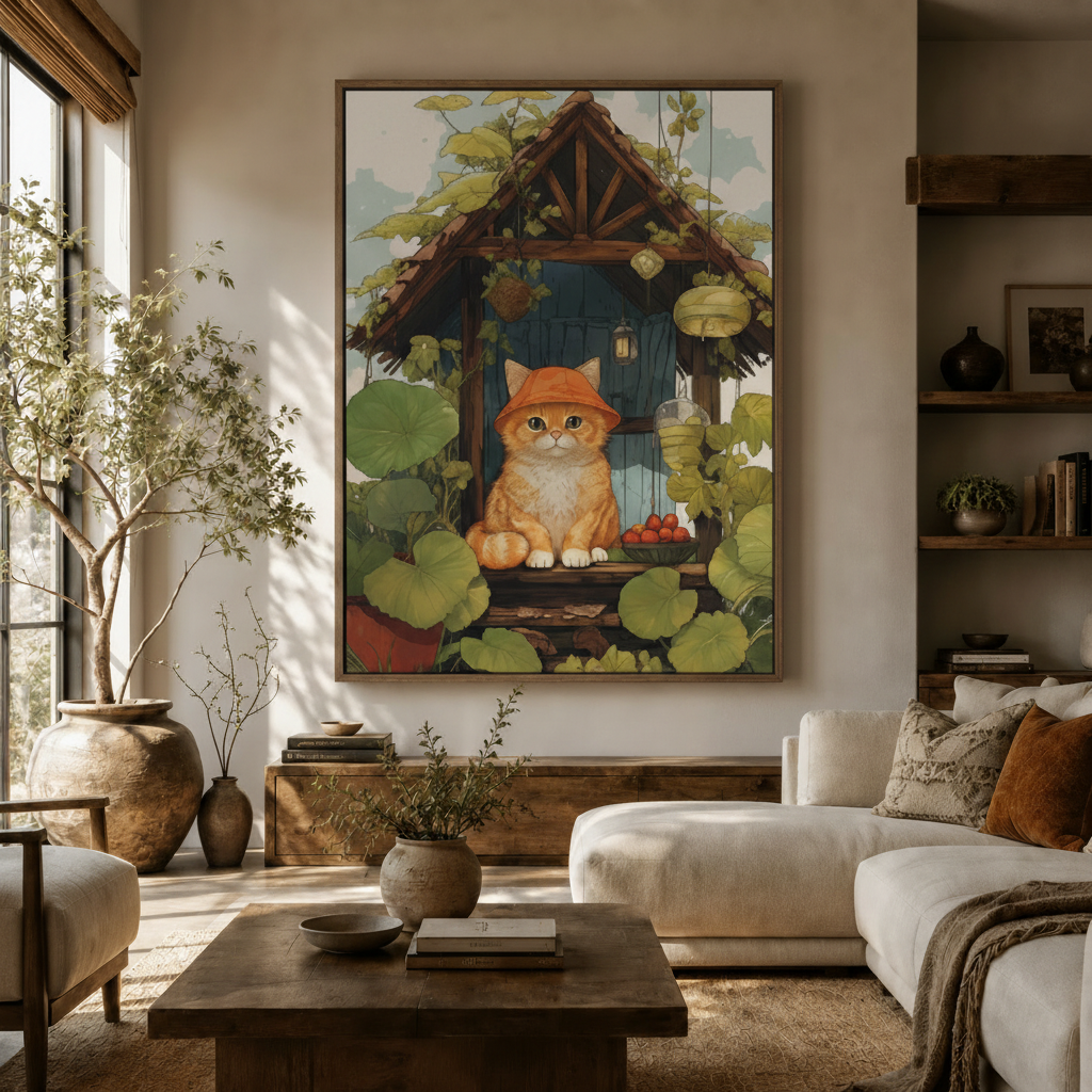 Ghibli-inspired orange cat cottage canvas in dark frame hung in warm Japandi living room